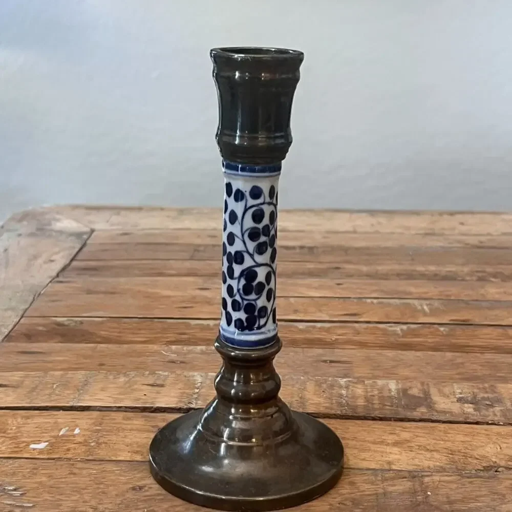 VIntage Solid Brass & Ceramic Candlestick Holder 8